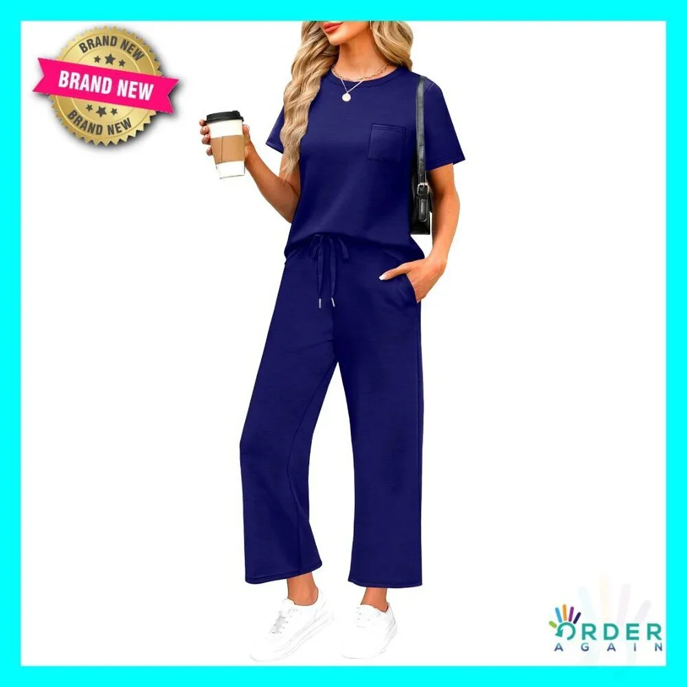 Women's Casual Two Piece Set Wide Leg Crop Pants Lounge Outfit Summer Travel